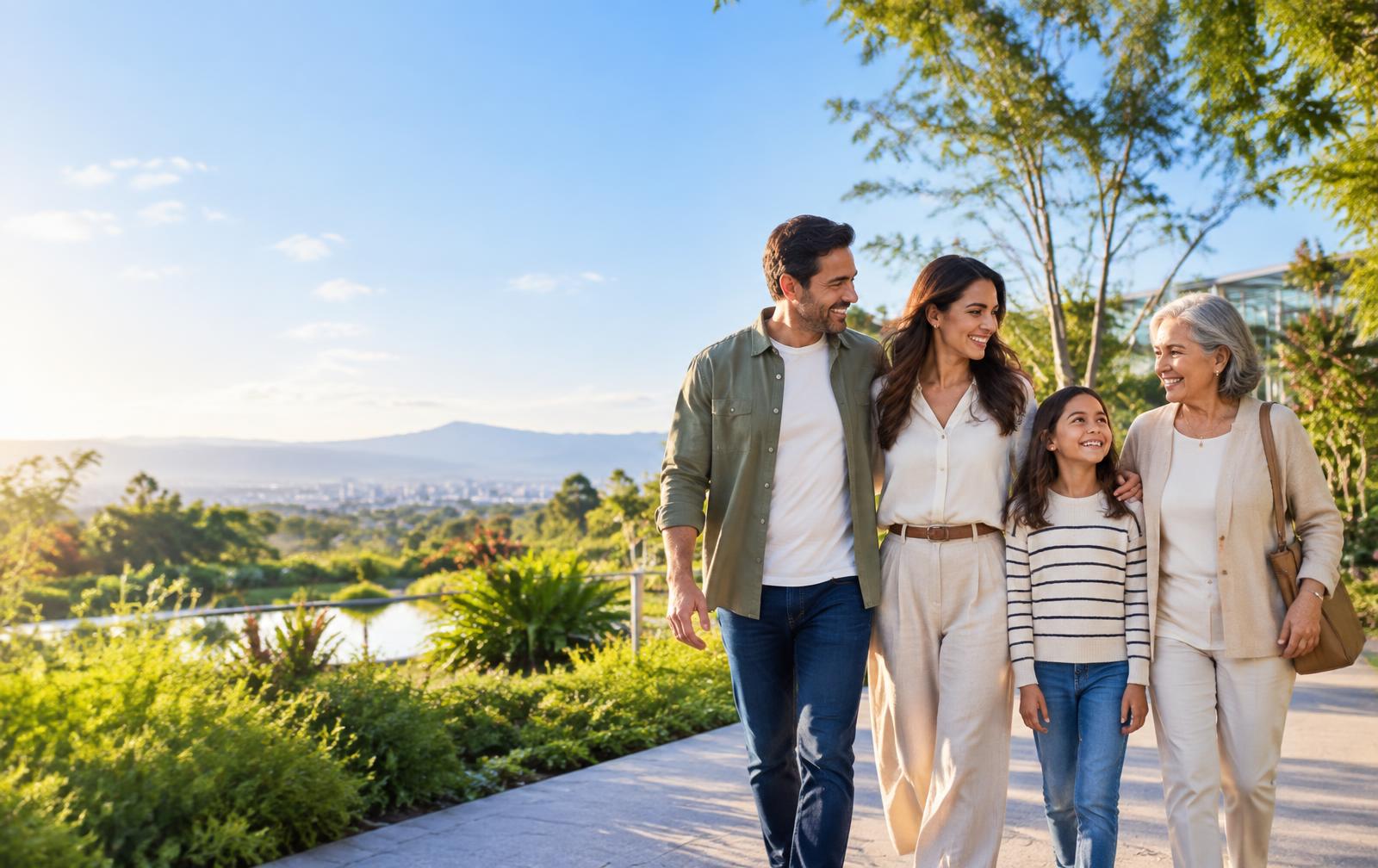 Familia caminando junta en un parque