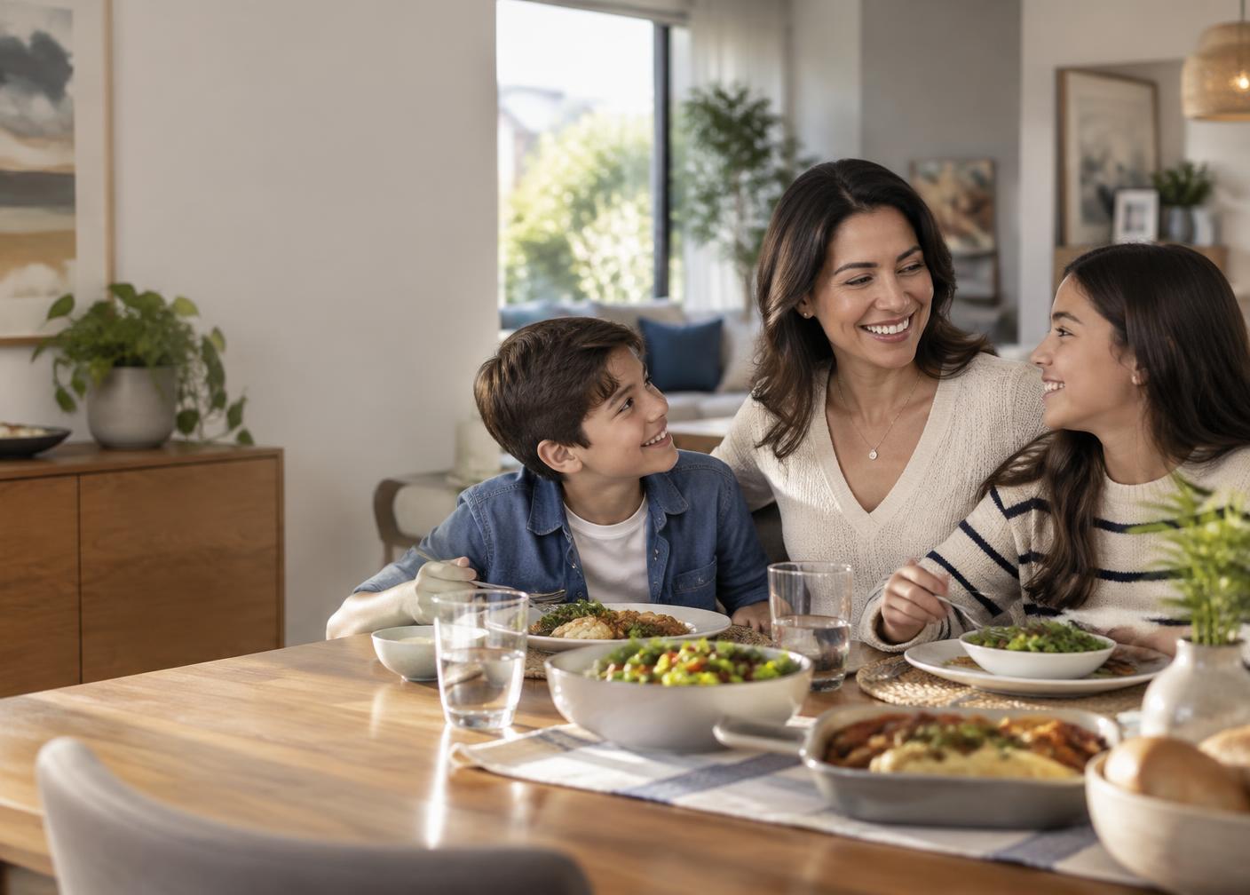 Madre compartiendo la cena con sus dos hijos