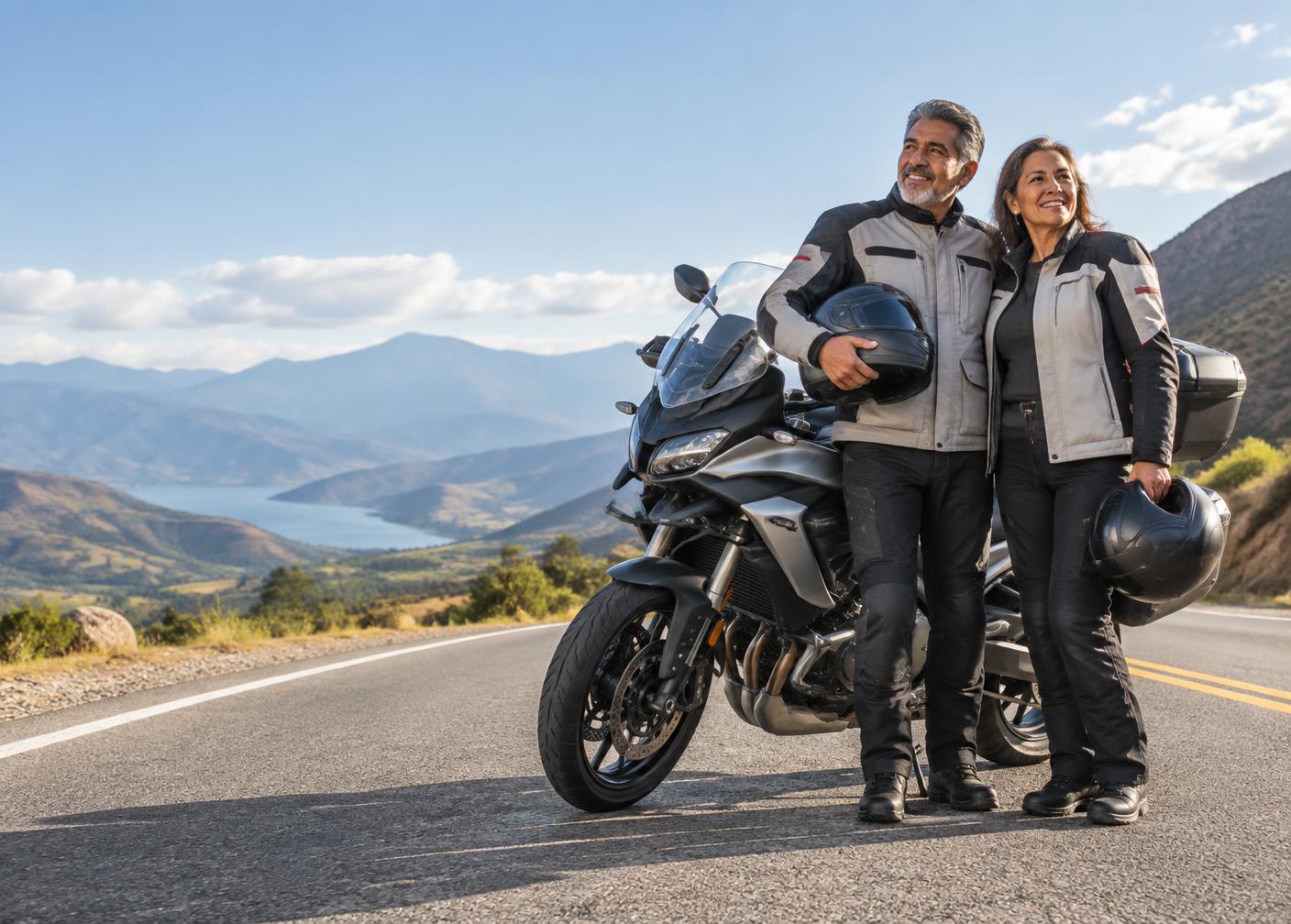 Pareja adulta viajando en motocicleta
